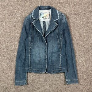 Y2K Blue Asphalt Denim Blazer Jean Jacket Women’s S Frayed Edges Snap Closure